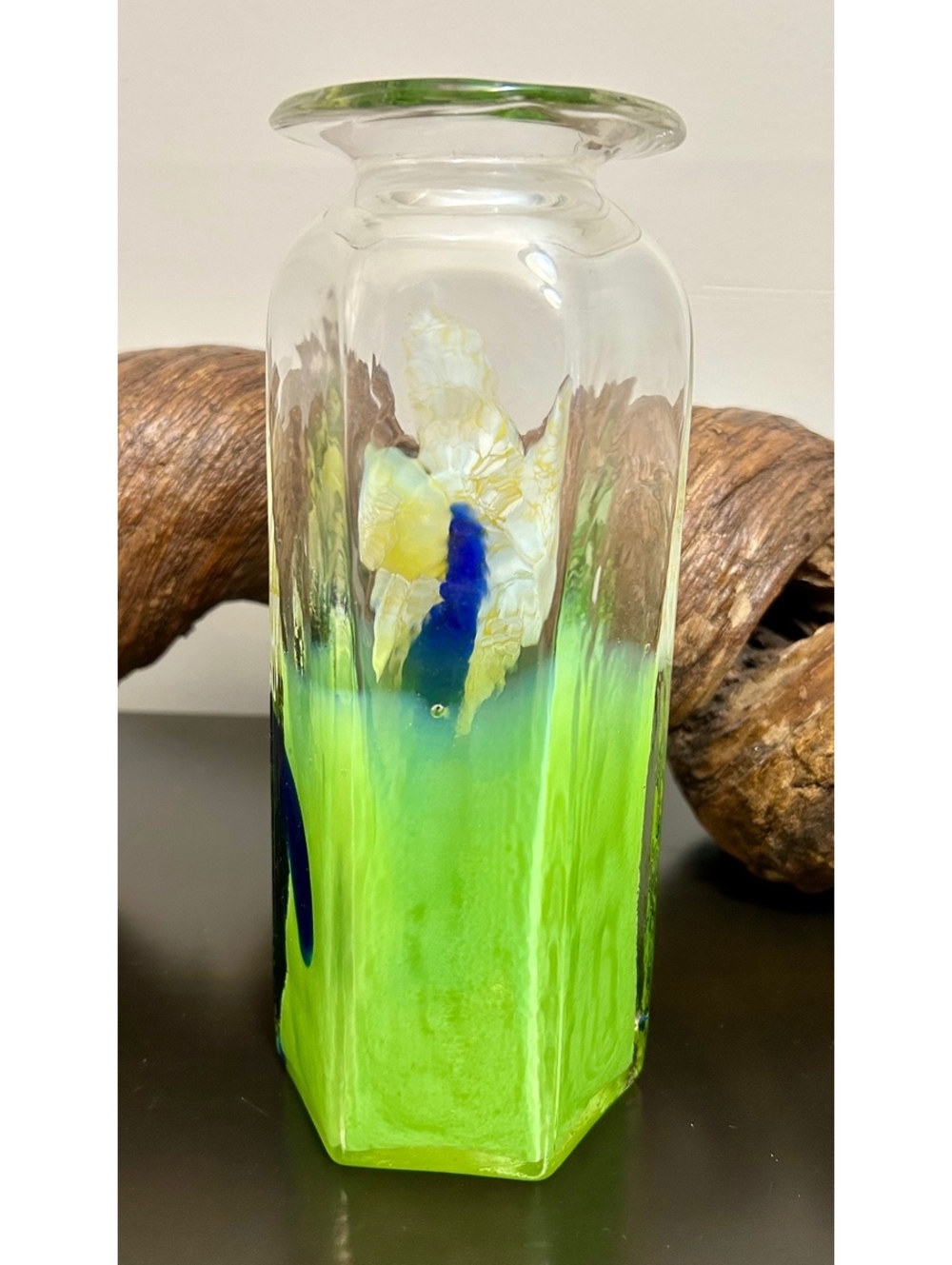 Vintage Style Hand Blown Art Glass Vas Green Blue White Flower 9” - Picture 3 of 11